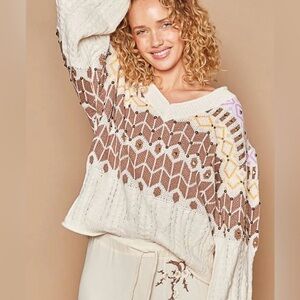 POL BOHO SWEATER Louise Geometric Tribal Cableknit Embellished Medium V-neck